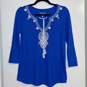 Lilly Pulitzer blue notch neck top with soutache embroidery and tassel ties XS